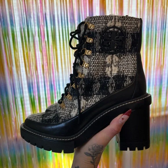 Tory Burch Black and Cream Tweed Lace-Up Block Heel Ankle Boots - Picture 2 of 8
